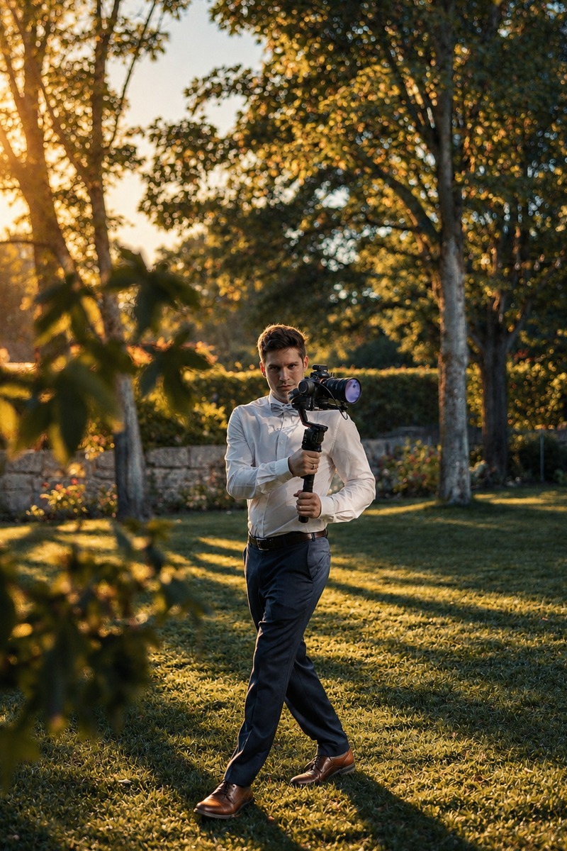 Lukas Gerbing von LG Media Works filmt mit Gimbal-Kamera im Abendlicht